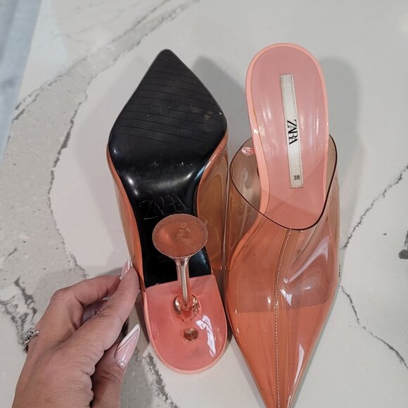 ZARA Vinyl heeled mules pointed toes transparent heels rose color Size 38 US 7.5 - Picture 4 of 15